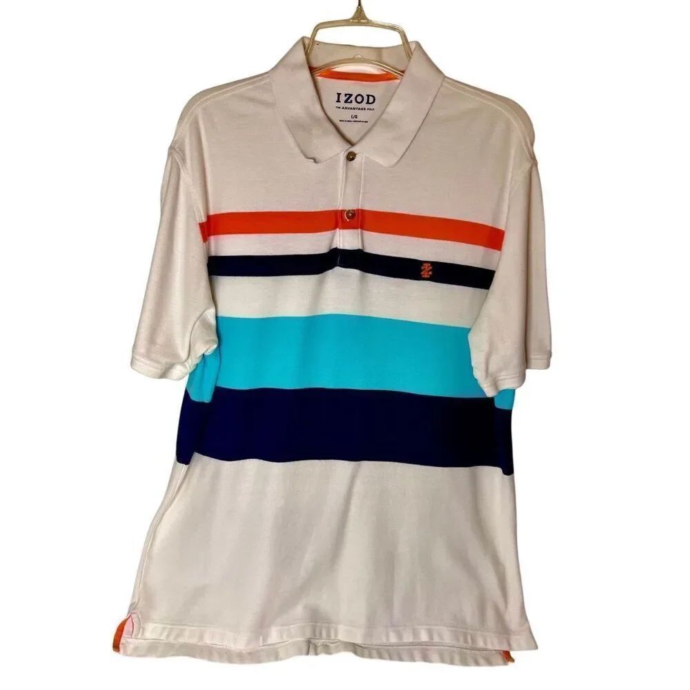 IZOD Advantage Polo Shirt - Adult -Large- White Blue Orange Mens Collared Rugby